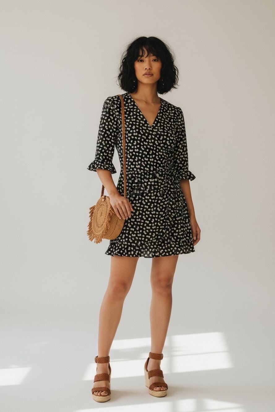 LOFT 90s Black Floral Faux Wrap Skort Romper Mini Dress Size 10